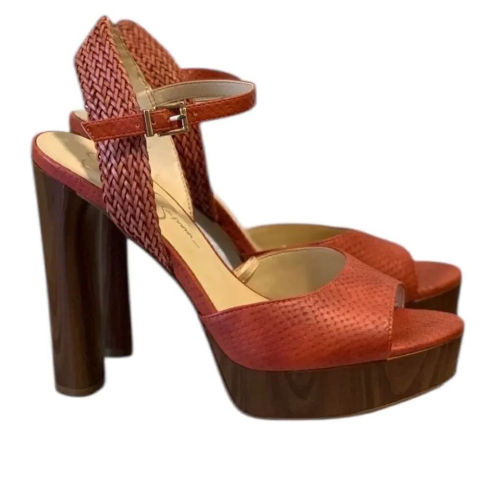 Jessica Simpson istilla burnt orange wood heel basketweave straps platform heels
